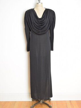 vintage 80s dress Oscar de la Renta for Swirl black draped cowl evening gown L